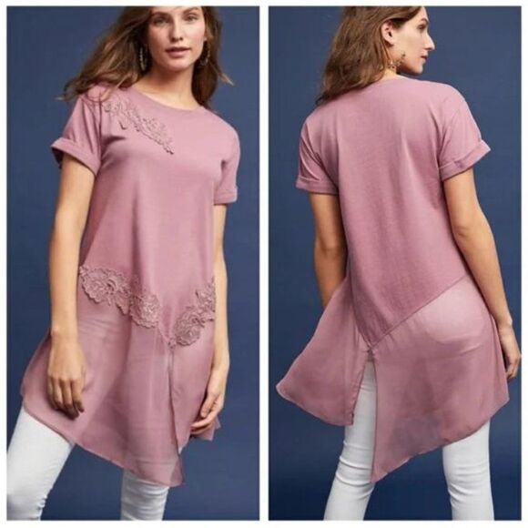 Anthropologie Akemi + Kin Fairy Lace Applique Tunic Floral Embroidery Lagenlook - Picture 1 of 9